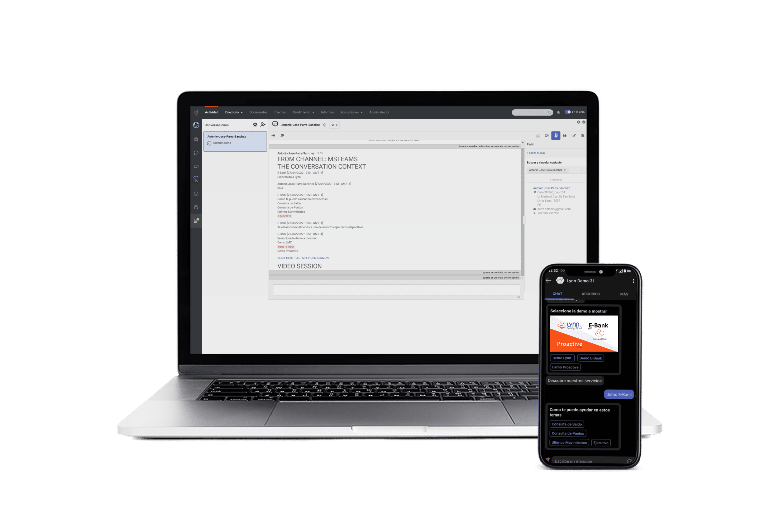 Escritorio de Genesys Cloud con una conversación que llega desde Microsoft Teams, y la misma conversación en el teléfono del cliente