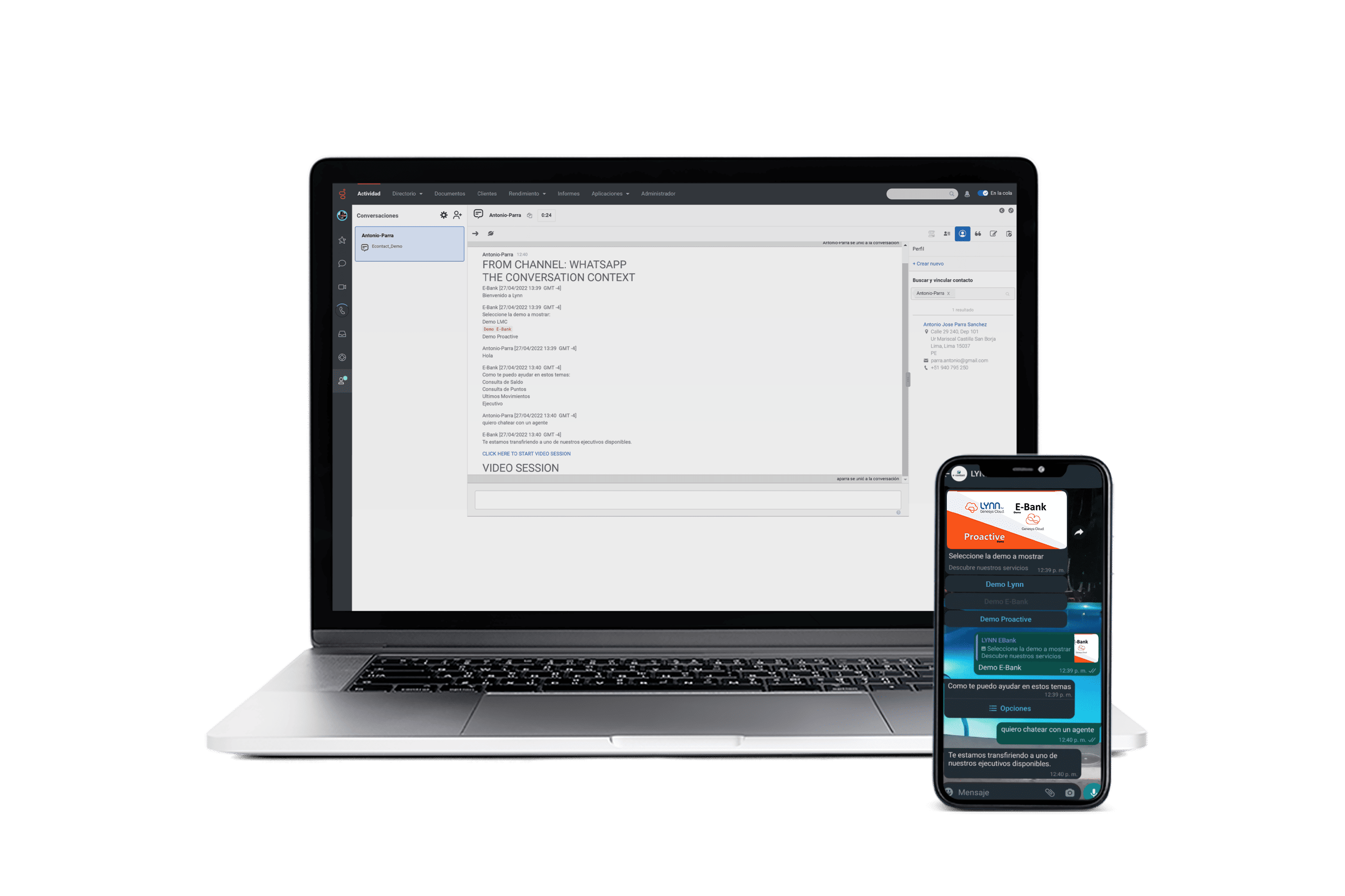 Escritorio de Genesys Cloud con una conversación que llega desde WhatsApp, y la misma conversación en el teléfono del cliente