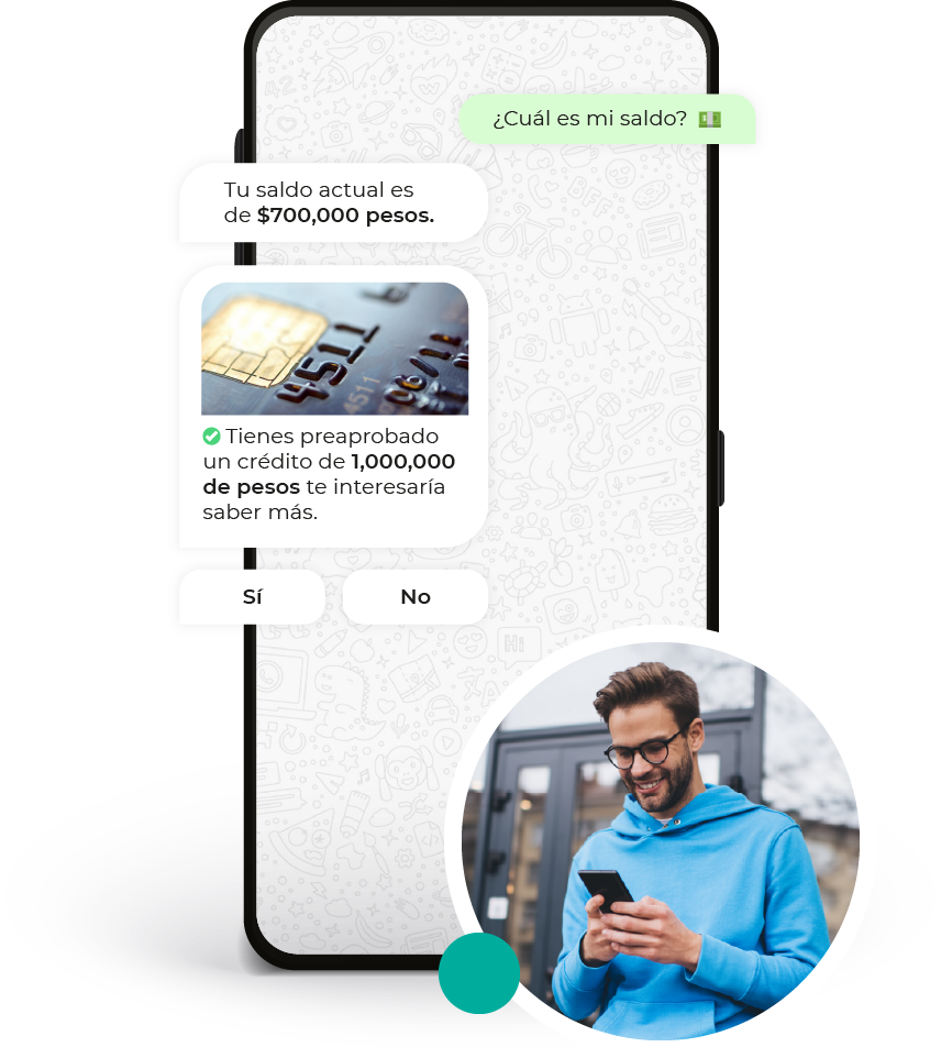 Chat en el teléfono donde el asistente informa el saldo y ofrece un crédito preaprobado