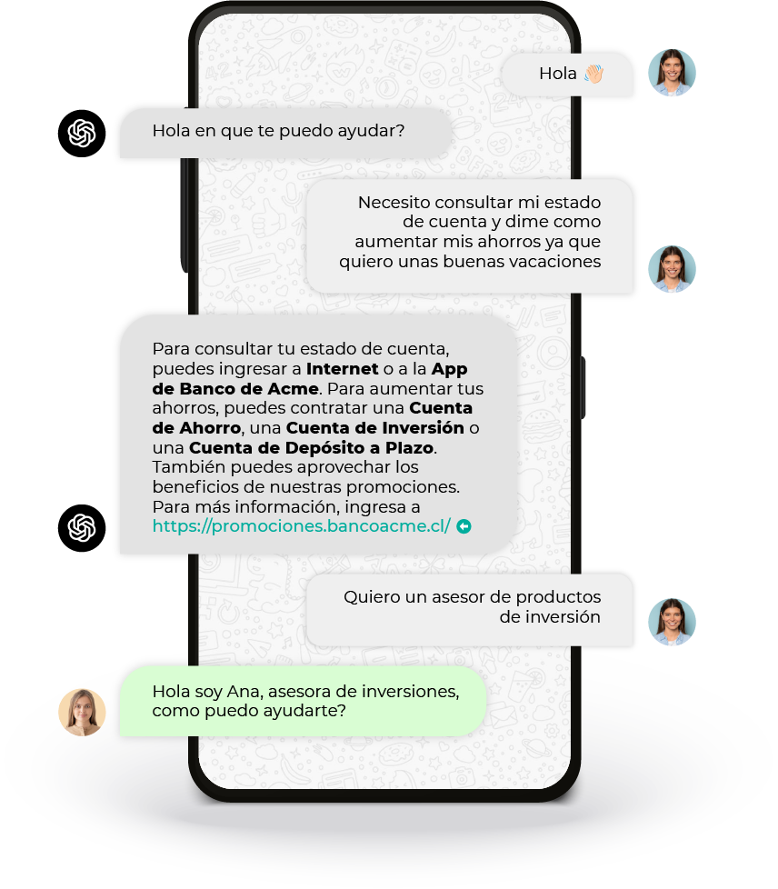 Chat del Banco de Acme: el asistente con OpenAI responde sobre estado de cuenta y ahorro, y deriva a una asesora de inversiones