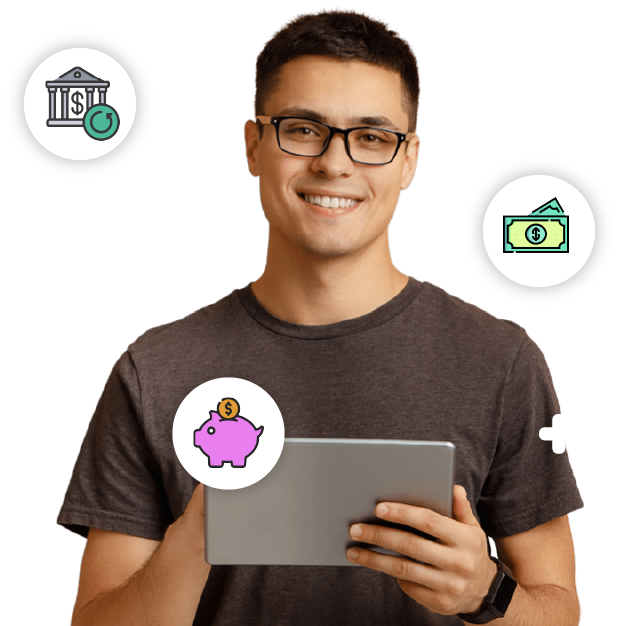 Ejecutivo sonriente con una tablet, rodeado de íconos de servicios financieros