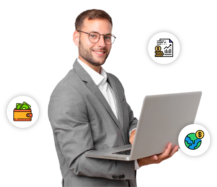 Ejecutivo de traje sonriente con un notebook, rodeado de íconos de pagos