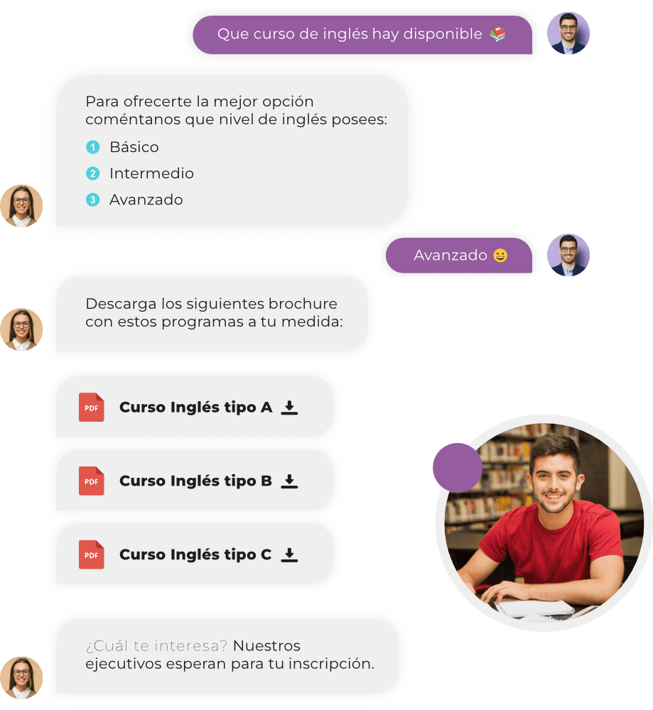 Conversación en la que el asistente consulta el nivel de inglés del estudiante y le ofrece los programas a su medida