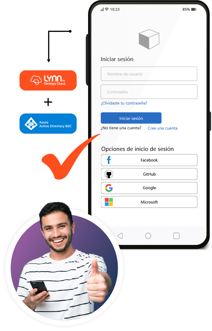 Pantalla de inicio de sesión en el teléfono: Lynn for Genesys Cloud + Azure Active Directory B2C, con opciones de acceso por Facebook, GitHub, Google y Microsoft