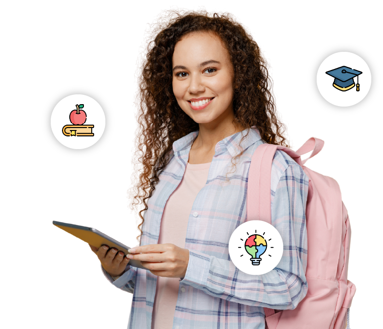 Estudiante sonriente con mochila y tablet, rodeada de íconos educativos