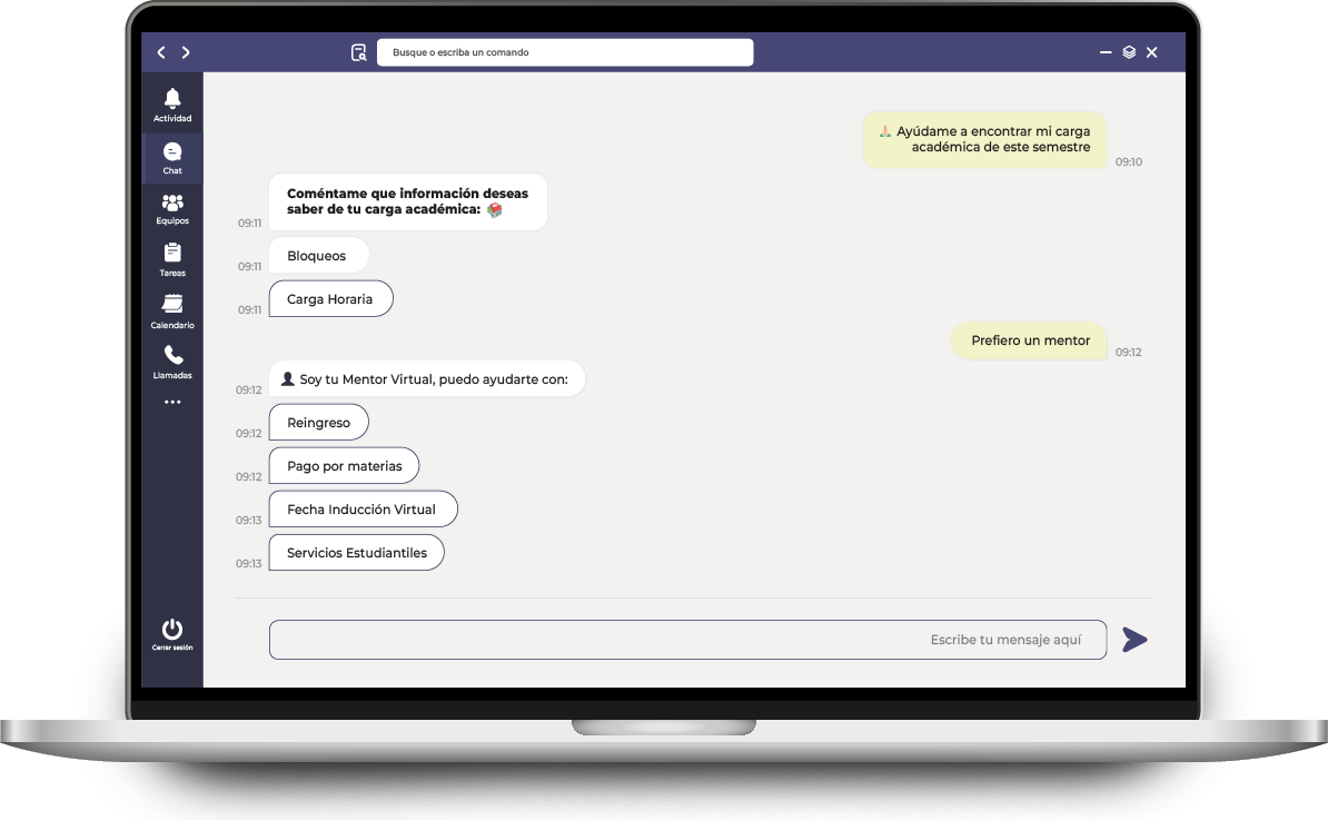 Notebook con el chat de Lynn: el estudiante consulta su carga académica, becas, pagos y agenda con su mentor