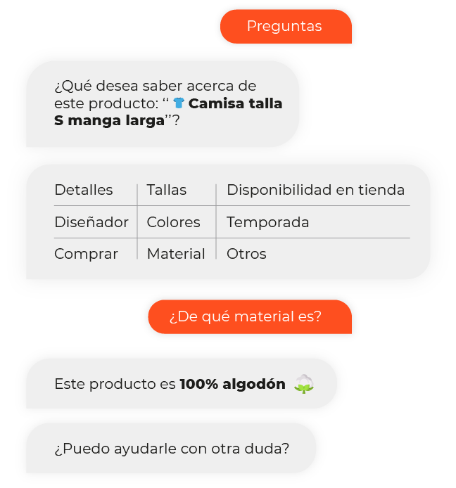 Chat en el que un cliente consulta talla, material y disponibilidad de una camisa