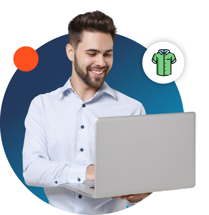 Comprador sonriente con un notebook, junto a un ícono de ropa