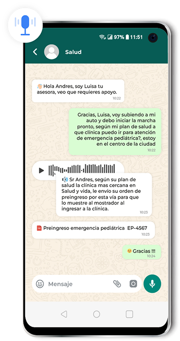 Chat de WhatsApp en el que un ejecutivo de salud envía un audio y un documento a un paciente