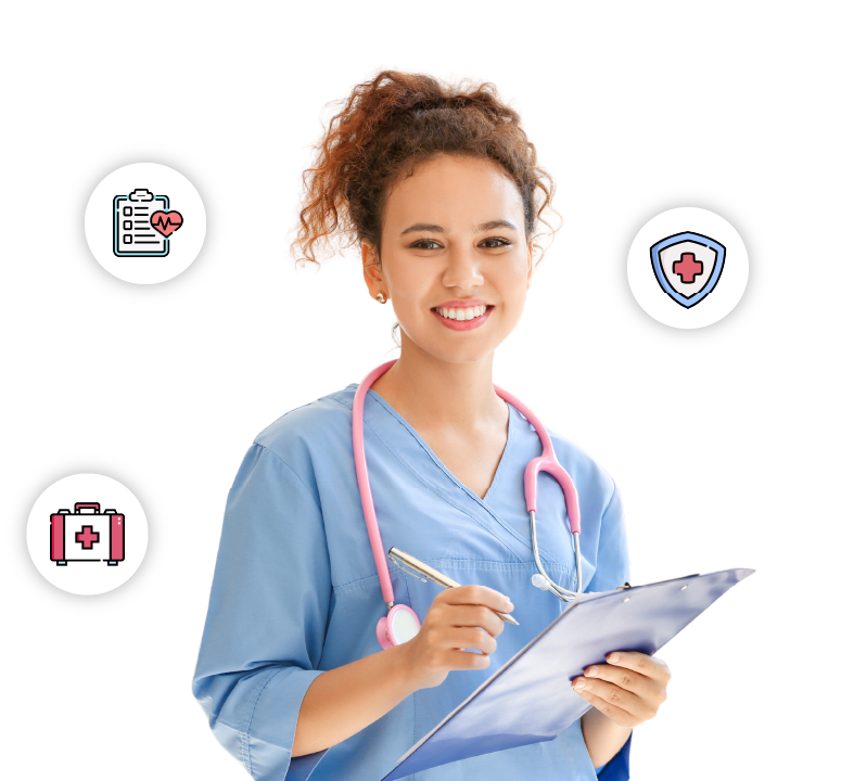Profesional de salud sonriente con un portapapeles, rodeada de íconos médicos