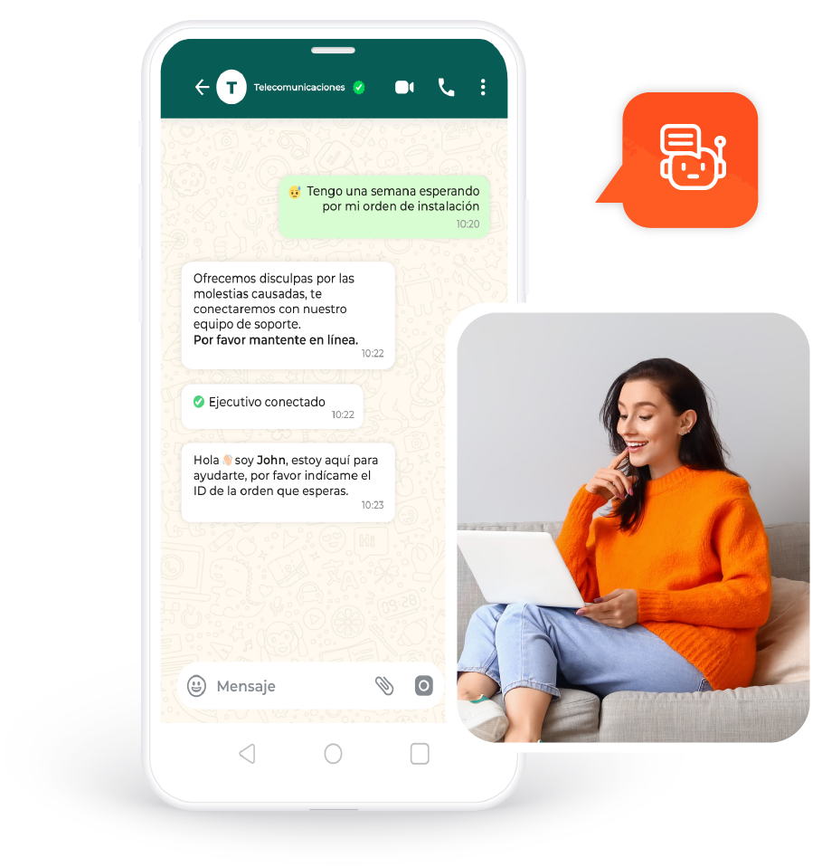 Chat de soporte en WhatsApp junto a una clienta conversando desde su notebook