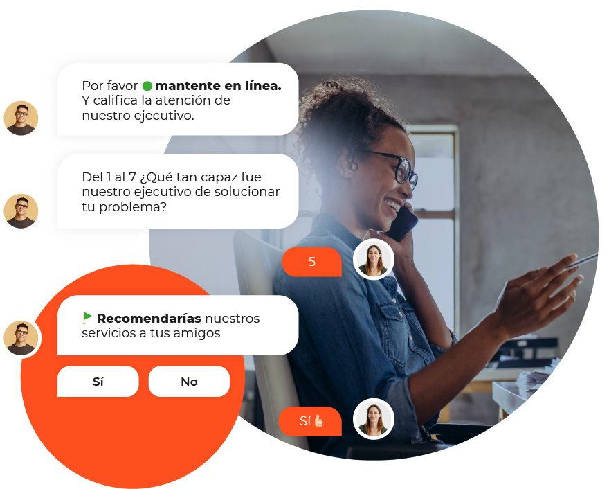 Encuesta de satisfacción respondida en el chat por una clienta que habla por teléfono