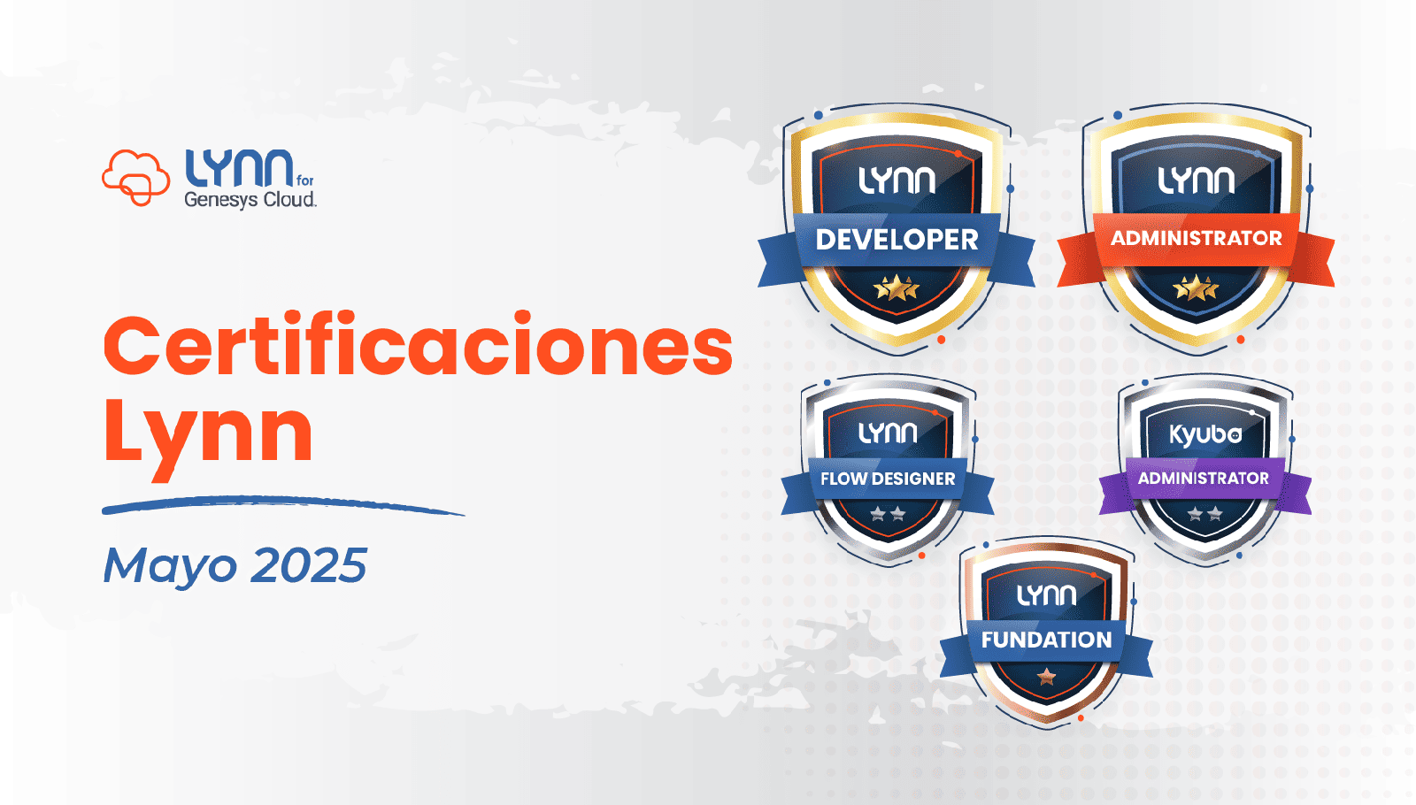 Certificaciones Lynn mayo 2025: insignias Developer, Administrator, Flow Designer, Kyubo Administrator y Fundation